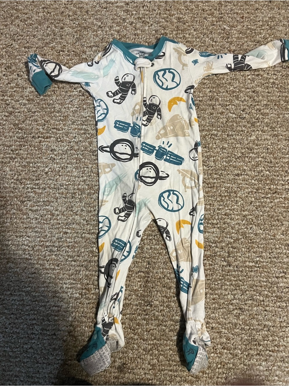 Carter's Teal Trim Cream Space Astronaut Footed Pajamas